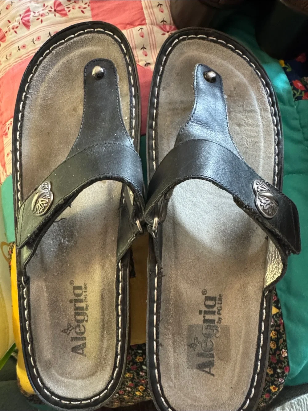 Alegria Black Leather Thong Sandals with Silver Conchos